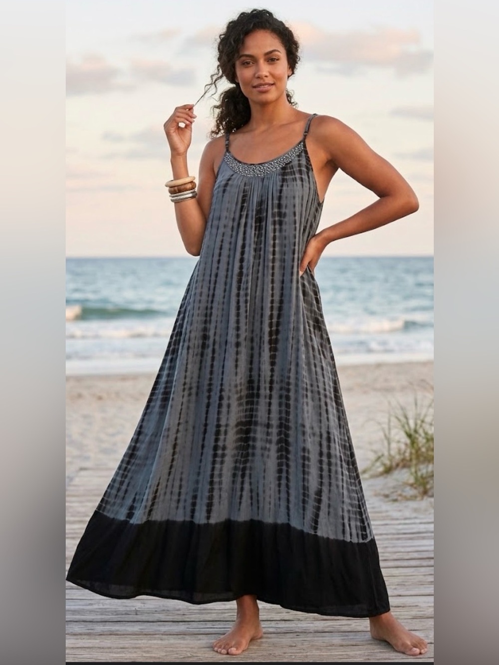 Raviya Beaded Neck Tie Dye Maxi Dress Flowy Bohemian Coastal Gray and black